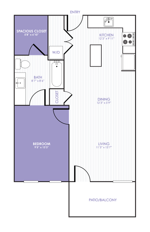 Floor plan for 1 bed, 1 bath, 624 sqft